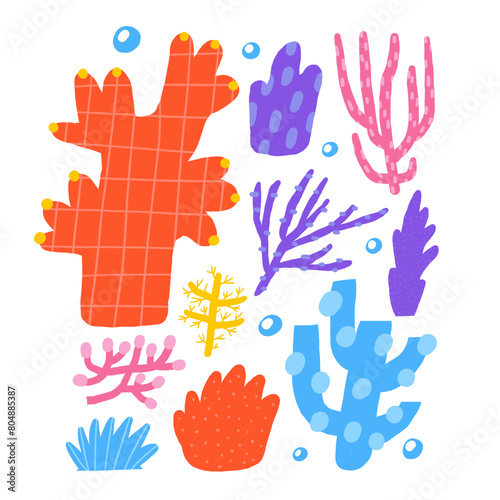 Cute underwater postcard with funny hand drawn doodle coral, sponge, sea weed, sea plant. Sea, ocean bottom reef cover, template, banner, poster, print. Cartoon style background for kids