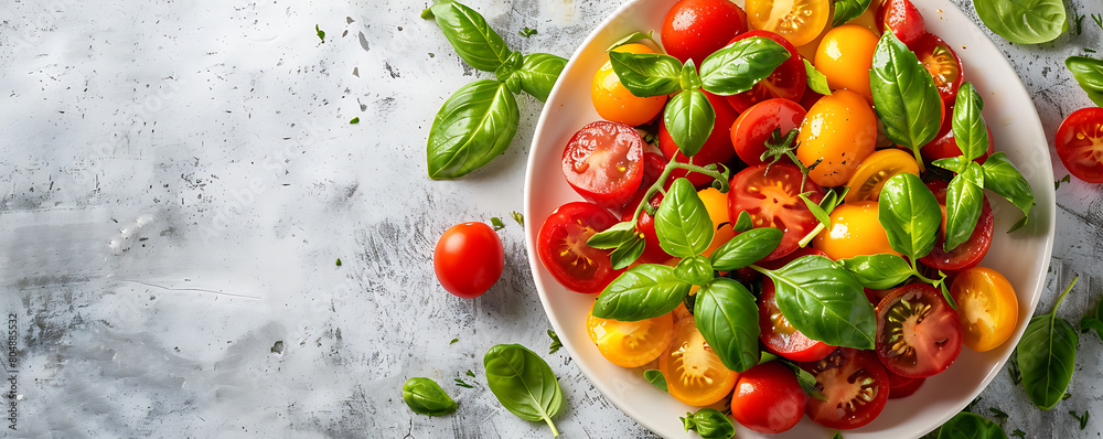 Fresh organic tomatoes and basil herb leaves on a white background with copy space. Fresh organic tomatoes and basil herb leaves on a white background with copy space.