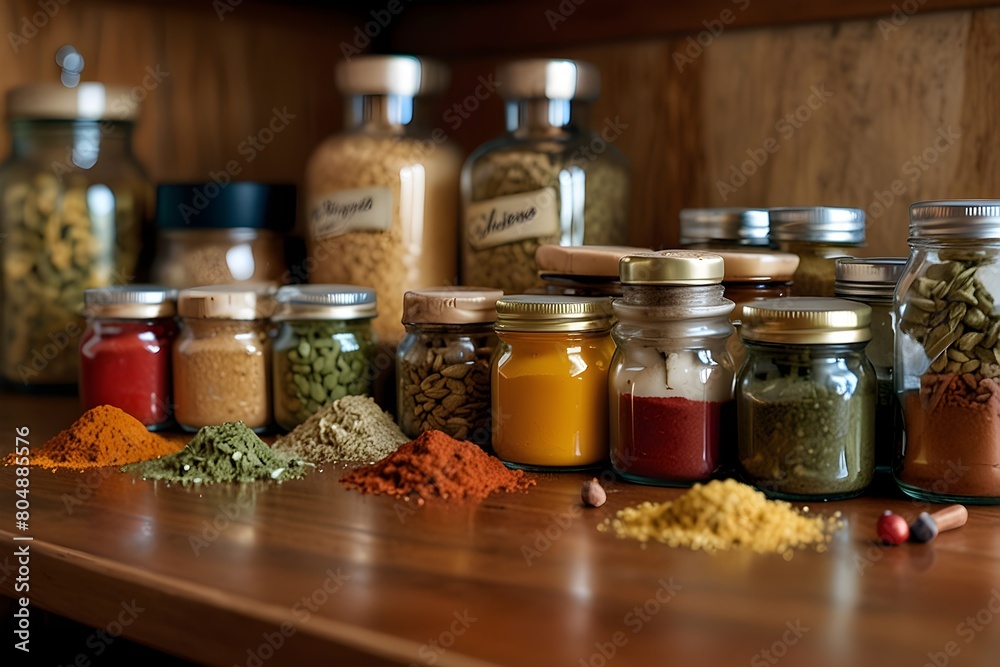 A collection of spices and herbs in small glass containers A collection of spices and herbs in small glass containers