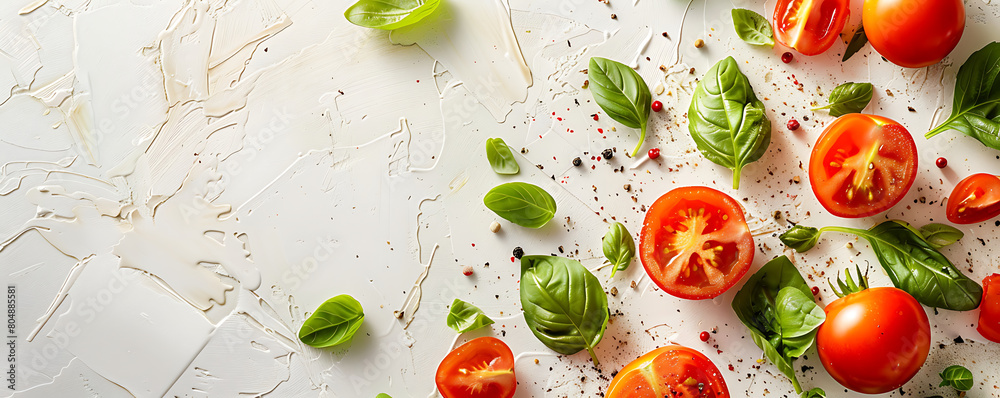 Fresh organic tomatoes and basil herb leaves on a white background with copy space. Fresh organic tomatoes and basil herb leaves on a white background with copy space.