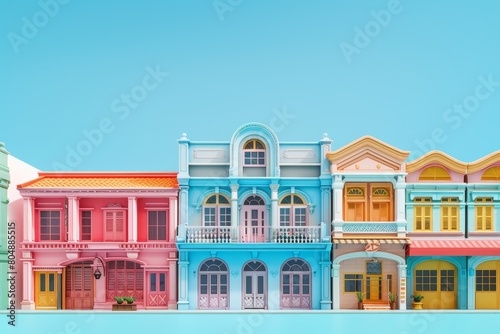 A row of colorful buildings with a blue sky in the background