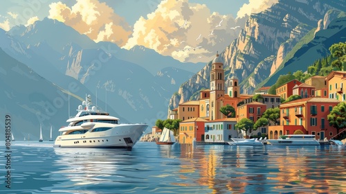 Modern flat illustration of city on mountain with amazing seascape. Ship, yacht or sea vessel at harbor of modern town. Tourism place with cableway on its seaside. Urban landscape with water photo