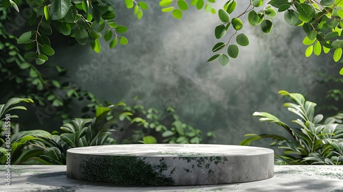 Natural stone and concrete podium in Natural green background for Empty show for packaging product presentation. Background for cosmetic products, the scene with green leaves. Mock up. Generative Ai