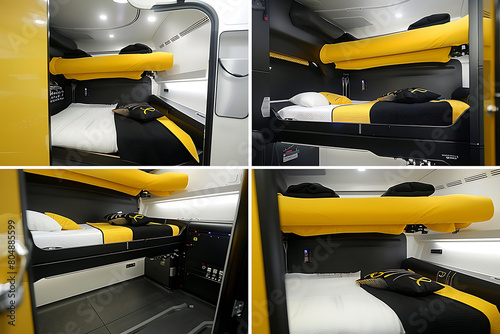black and yellow futuristic bedroom with metallic accents and floating bed.