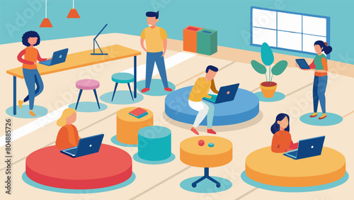 A flexible seating area with different options such as standing desks wobble chairs and floor cushions for students to choose from based on their. Vector illustration