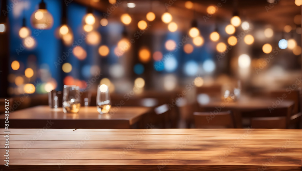 Image of empty wooden table in front of abstract blurred restaurant lights background