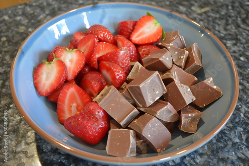Indulgent dessert dark chocolate fudge with strawberries.