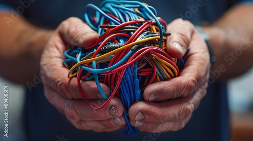a person holding a bunch of wires in their hands, with a silver ring visible on their left hand and a hairy arm in the background photo