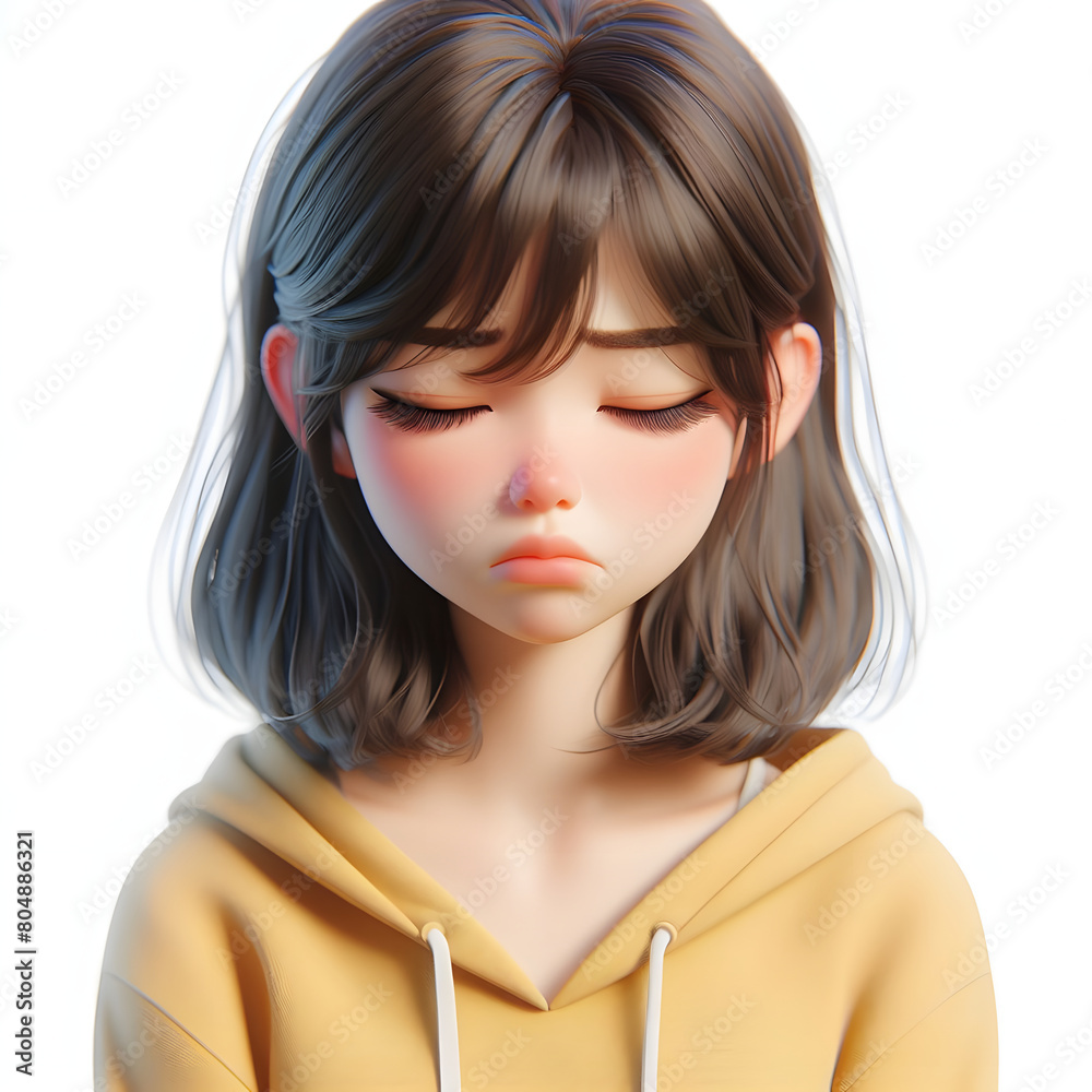 Asian cartoon character girl, young women portrait, female, sad mood, feeling expression concept, eyes close, 3d style, isolated on a white background Asian cartoon character girl, young women portrait, female, sad mood, feeling expression concept, eyes close, 3d style, isolated on a white background