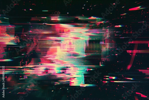 An overlay of VHS noise and glitch effect on black background, scratches and video damage of burnt film strip or hacked pc.