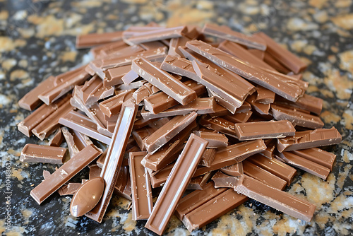 A pile of chocolate bars on a table with a spoonful of chocolate.