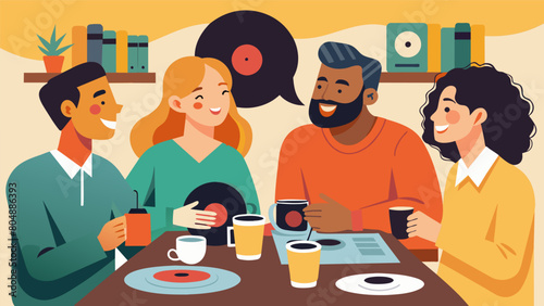 The laughter and chatter of a group of friends gathered around a table covered in coffee mugs and vinyl records reminiscing about the good old days of Vector illustration