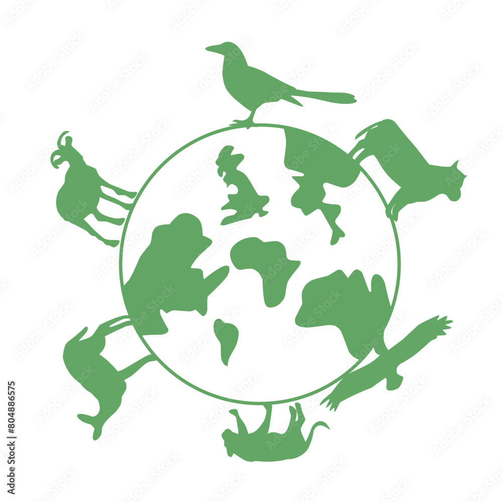 illustration of trees and animals walking around the world