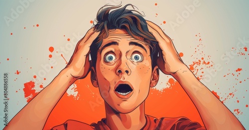 Astonished delighted man grasping his head in surprise. Positive wow reaction. Flat modern illustration isolated on white.