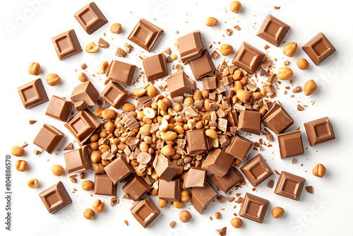 Lots of broken chocolate bars and some peanuts on top on white background.