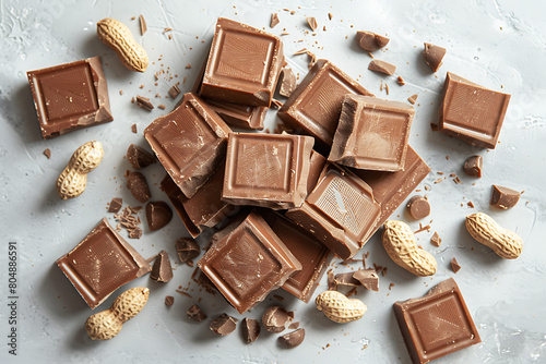 Lots of broken chocolate bars and some peanuts on top on white background.
