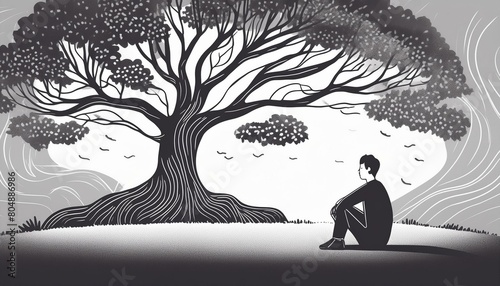 A sad and lonely man sits pensively under a tree. Man thinks about a problem. Time for reflection. Despair, depression or hopelessness concept. Black and white image. Illustration for varied design