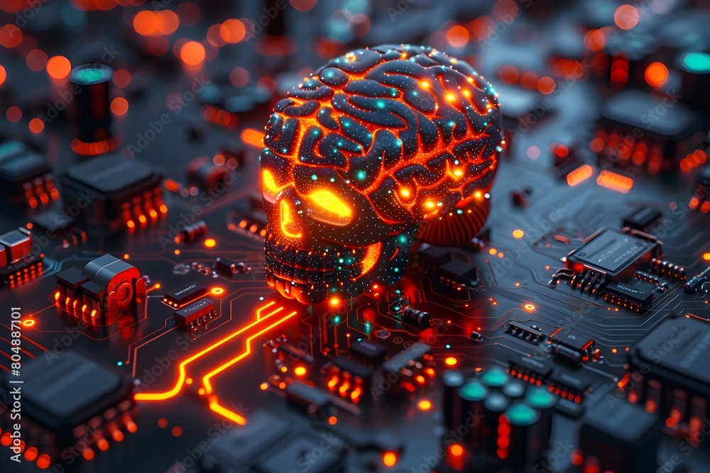 Glowing Artificial Intelligence Brain on Circuit Board:Innovative High-Tech Digital Technology Concept Glowing Artificial Intelligence Brain on Circuit Board:Innovative High-Tech Digital Technology Concept