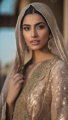 Portrait of a young woman of Arab descent wearing modern fashion awar photo