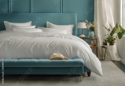 Bedroom blue bed blue bed blue pillows case bedding bed White bed pillows White duvet sofa mock wallFront poster duvet frame White linen duvet