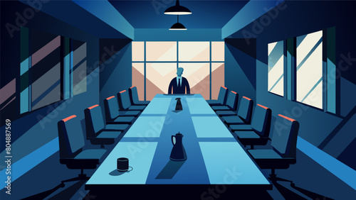 The dimly lit boardroom is lined with tall windows the harsh sunlight creating long shadows that seem to stretch towards those seated at the long.