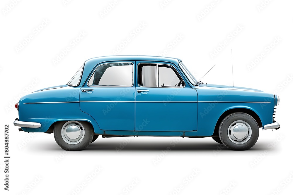 Passenger blue car isolated on a white background. Focus stacking, side view. Generative Ai