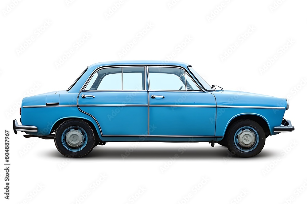 Passenger blue car isolated on a white background. Focus stacking, side view. Generative Ai Passenger blue car isolated on a white background. Focus stacking, side view. Generative Ai