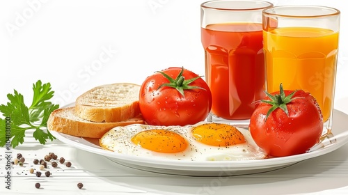 Fried eggs and vegetables, breakfast dish. Glass of juice, tomato, apple piece, piece of apple fruit. Healthy lunch. Flat modern illustration isolated on white background.