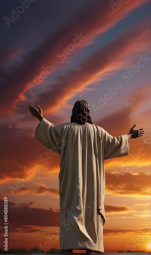  Salvation and resurrection concept ,Jesus Christ with his arms raised to the Sky 