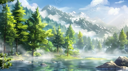 Majestic Mountain Landscape with Tranquil Lake and Lush Evergreen Forest Scenery