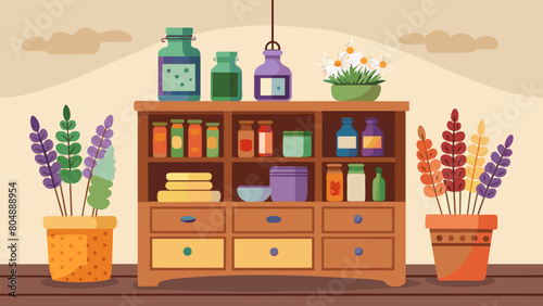 A rustic wooden cabinet in the living room displaying colorful tincture bottles and labeled mason jars of homemade balms and salves with a bundle of.