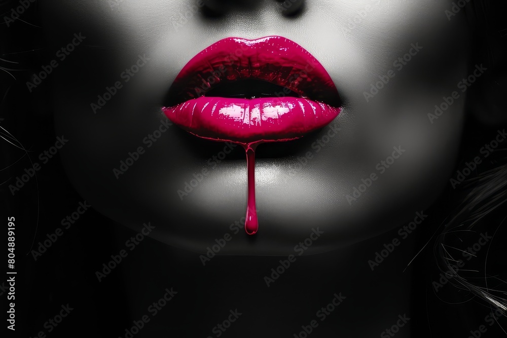 A close up of a woman face in grey style. black and white portrait of a girl with red lips and dripping red liquid of her mouth. A close up of a woman face in grey style. black and white portrait of a girl with red lips and dripping red liquid of her mouth.