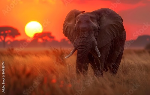 Majestic Pachyderm Silhouetted Against Vibrant Sunset in African Savanna Landscape