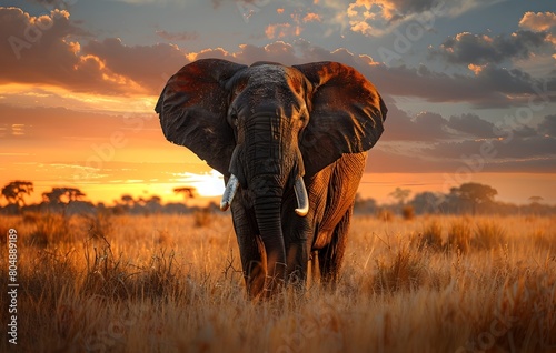 Majestic African Elephant Silhouetted Against Breathtaking Sunset in Serene Savanna Landscape