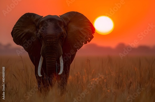 Majestic elephant silhouette against vibrant African sunset in the savanna © pisan thailand