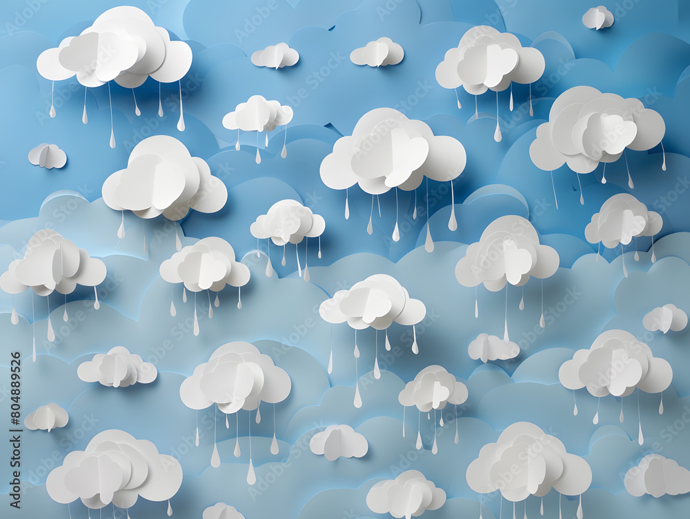 Clouds pattern with rain from paper on blue background. DIY and crafts the concept of happiness, creativity and simplicity.