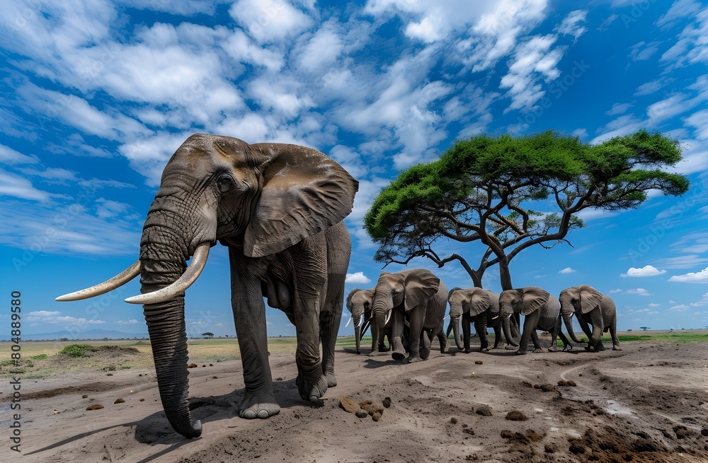 Fototapeta premium Herd of Majestic Elephants Roaming the Vast African Savanna Landscape Under a Dramatic Sky
