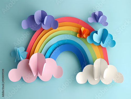 Rainbow and white clouds from paper. DIY and kid's creativity. Children's DIY crafts to International world day of peace