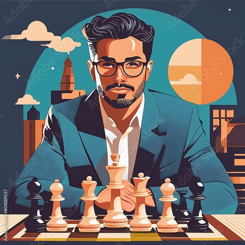 Businessman and chess enthusiast in a leadership role, adept at making decisive decisions with confidence, employing strategic thinking for success in both the business world and chessboard.