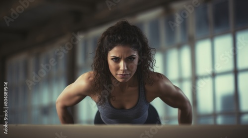 A focused woman is performing push ups in a gym setting