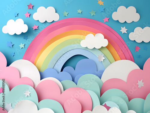 Rainbow and white clouds from paper. DIY and kid's creativity. Children's DIY crafts to International world day of peace