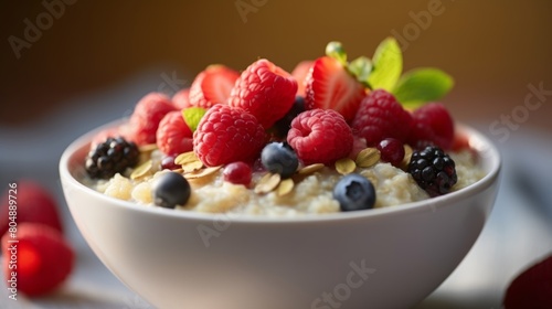 A bowl filled with oatmeal topped with fresh berries and raspberries