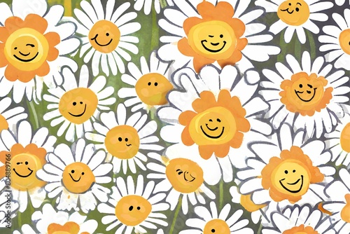 Groovy daisy flowers face collection. Retro chamomile smiles in cartoon style