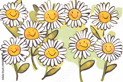 Groovy daisy flowers face collection. Retro chamomile smiles in cartoon style