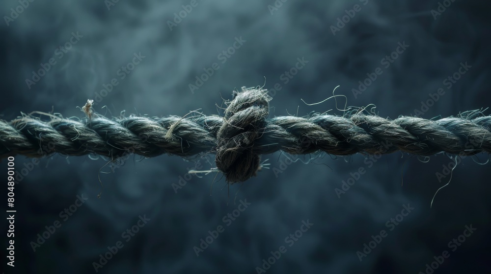 Detailed visual of a breaking rope with frayed ends, emphasizing the moment of tension, captured against a somber backdrop Detailed visual of a breaking rope with frayed ends, emphasizing the moment of tension, captured against a somber backdrop