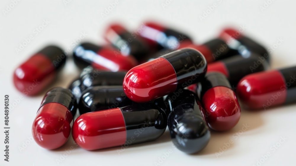 A collection of red and black medical capsules arranged in a pile on a white surface A collection of red and black medical capsules arranged in a pile on a white surface
