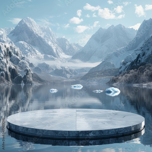 An empty stage design with a backdrop of snow-covered mountains and a lake  sky blue  with icebergs floating on the water surface  and an empty circular platform in front.