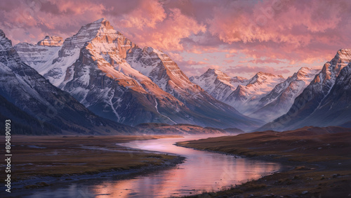 Serene and awe-inspiring oil painting like art depicting a majestic mountain valley landscape with towering snow-capped peaks and calm river, reminiscent of Montana state at morning sunrise.