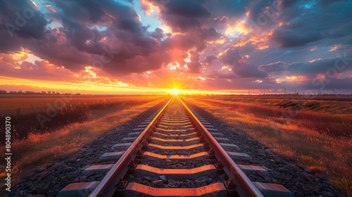 A photograph of an endless train track stretching into the horizon, with the sunset in the background.
