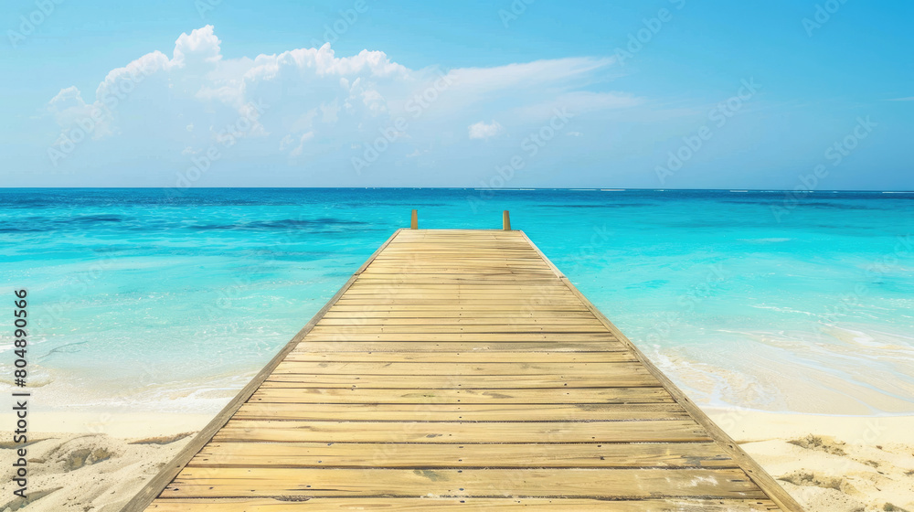 Wooden pier on a sandy beach going to a beautiful blue sea